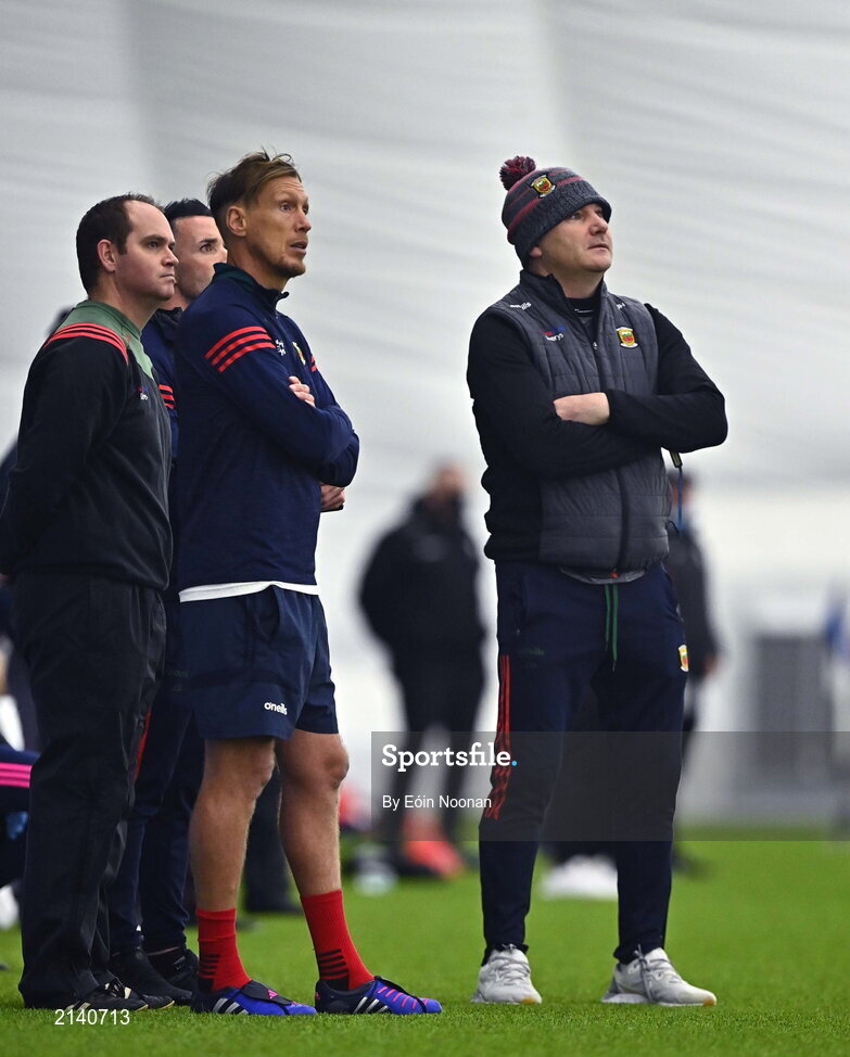 7 January 2022; Mayo manager James Horan, right, with his backroom staff including Ciarán McDonald during the Connacht FBD League semi-final match between Mayo and Galway at the NUI Galway Connacht GAA Air Dome in Bekan, Mayo. Photo by Eóin Noonan/Sportsfile