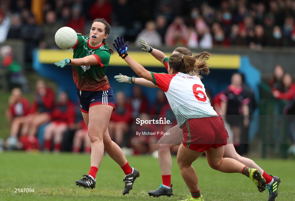 23 January 2022; Lorraine O'Shea of Mullinahone in action against Maria Mitchell of St Brendan's during the 2021 currentaccount.ie All-Ireland Ladies Junior Club Football Championship Semi-Final match between Mullinahone, Tipperary and St Brendan's, Galway at John Lockes GAA Club in Callan, Kilkenny. Photo by Michael P Ryan/Sportsfile