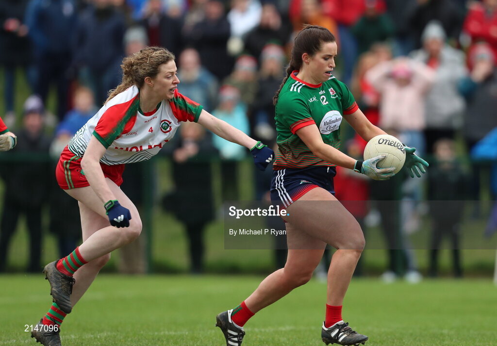 23 January 2022; Lorraine O'Shea of Mullinahone in action against Aoife McDonagh of St Brendan's during the 2021 currentaccount.ie All-Ireland Ladies Junior Club Football Championship Semi-Final match between Mullinahone, Tipperary and St Brendan's, Galway at John Lockes GAA Club in Callan, Kilkenny. Photo by Michael P Ryan/Sportsfile