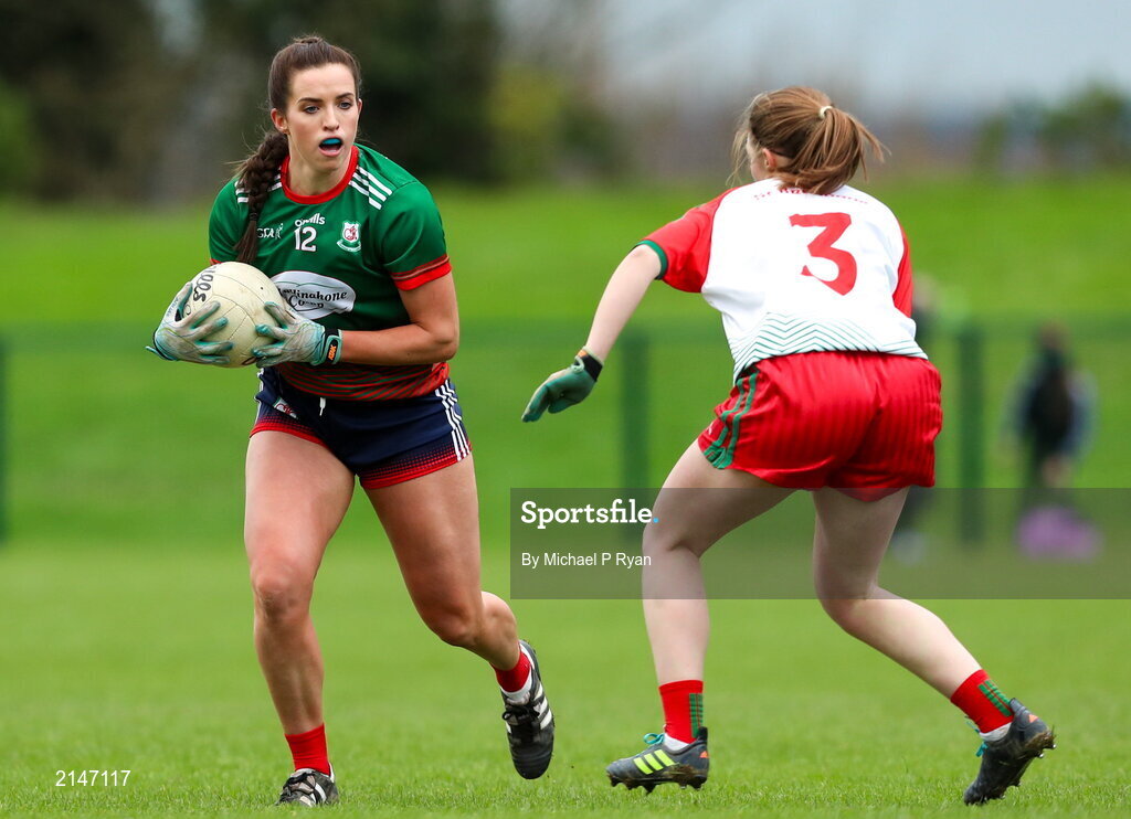 23 January 2022; Lorraine O'Shea of Mullinahone in action against Nora Ward of St Brendan's during the 2021 currentaccount.ie All-Ireland Ladies Junior Club Football Championship Semi-Final match between Mullinahone, Tipperary and St Brendan's, Galway at John Lockes GAA Club in Callan, Kilkenny. Photo by Michael P Ryan/Sportsfile