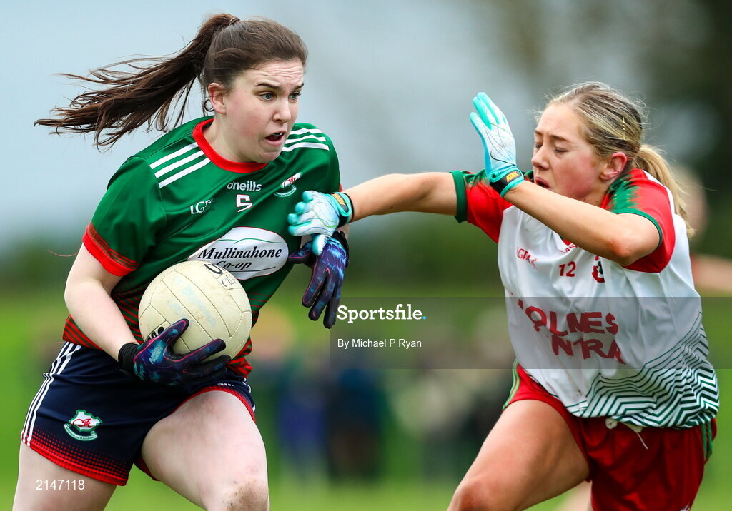 23 January 2022; Emma Cody of Mullinahone in action against Linda Booth of St Brendan's during the 2021 currentaccount.ie All-Ireland Ladies Junior Club Football Championship Semi-Final match between Mullinahone, Tipperary and St Brendan's, Galway at John Lockes GAA Club in Callan, Kilkenny. Photo by Michael P Ryan/Sportsfile