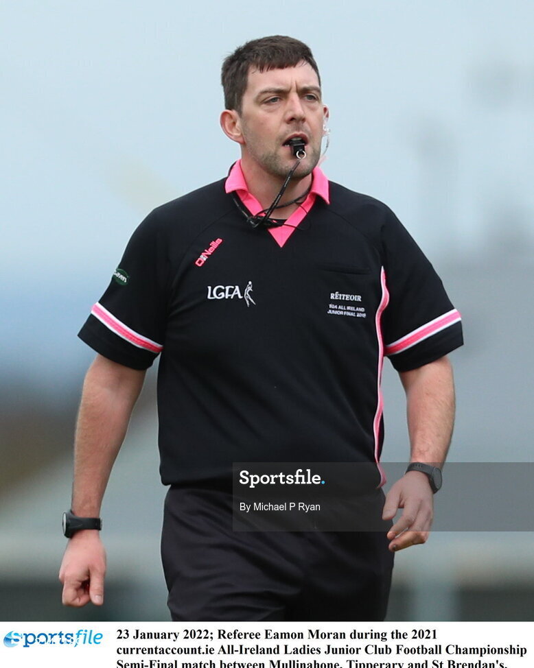 23 January 2022; Referee Eamon Moran during the 2021 currentaccount.ie All-Ireland Ladies Junior Club Football Championship Semi-Final match between Mullinahone, Tipperary and St Brendan's, Galway at John Lockes GAA Club in Callan, Kilkenny. Photo by Michael P Ryan/Sportsfile
