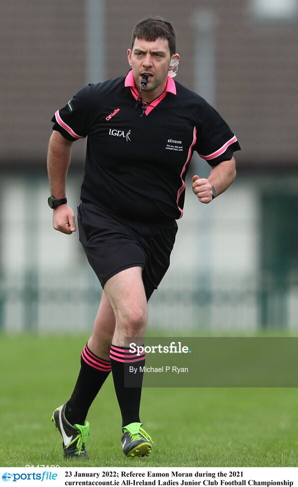 23 January 2022; Referee Eamon Moran during the 2021 currentaccount.ie All-Ireland Ladies Junior Club Football Championship Semi-Final match between Mullinahone, Tipperary and St Brendan's, Galway at John Lockes GAA Club in Callan, Kilkenny. Photo by Michael P Ryan/Sportsfile