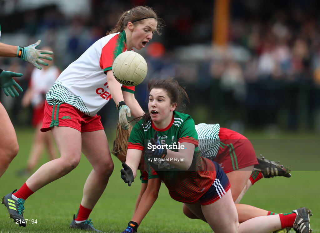 23 January 2022; Emma Cody of Mullinahone in action against Nora Ward of St Brendan's during the 2021 currentaccount.ie All-Ireland Ladies Junior Club Football Championship Semi-Final match between Mullinahone, Tipperary and St Brendan's, Galway at John Lockes GAA Club in Callan, Kilkenny. Photo by Michael P Ryan/Sportsfile