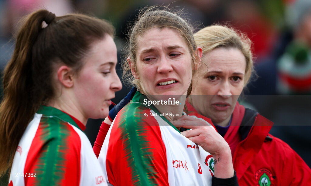 23 January 2022; Ellen Muldoon of St Brendan's dejected after the 2021 currentaccount.ie All-Ireland Ladies Junior Club Football Championship Semi-Final match between Mullinahone, Tipperary and St Brendan's, Galway at John Lockes GAA Club in Callan, Kilkenny. Photo by Michael P Ryan/Sportsfile