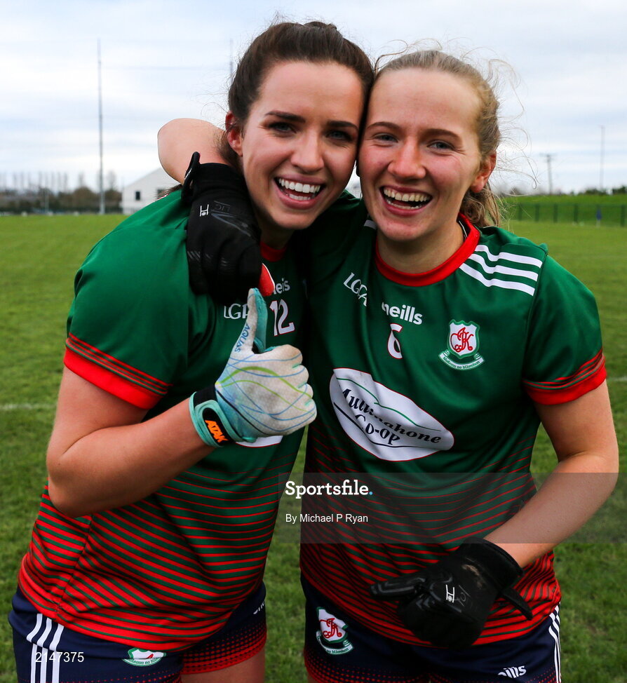 23 January 2022; Mullinahone players Lorraine O'Shea, left, and Molly Walsh of Mullinahone celebrate after the 2021 currentaccount.ie All-Ireland Ladies Junior Club Football Championship Semi-Final match between Mullinahone, Tipperary and St Brendan's, Galway at John Lockes GAA Club in Callan, Kilkenny. Photo by Michael P Ryan/Sportsfile