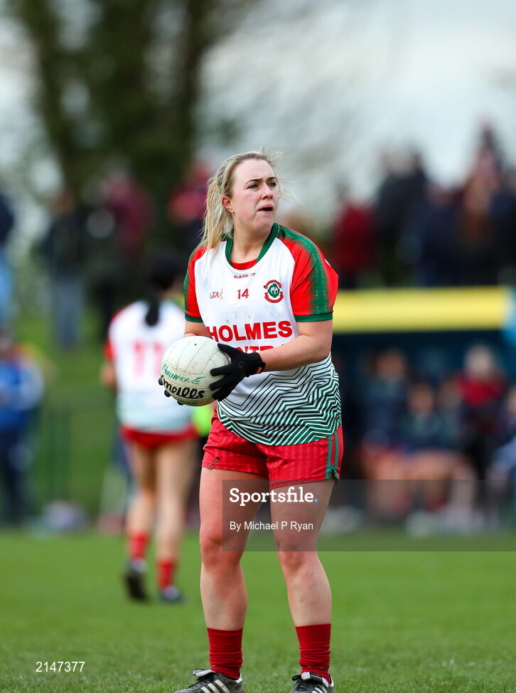 23 January 2022; Michelle Delaney of St Brendan's prepares to take a free kick  during the 2021 currentaccount.ie All-Ireland Ladies Junior Club Football Championship Semi-Final match between Mullinahone, Tipperary and St Brendan's, Galway at John Lockes GAA Club in Callan, Kilkenny. Photo by Michael P Ryan/Sportsfile