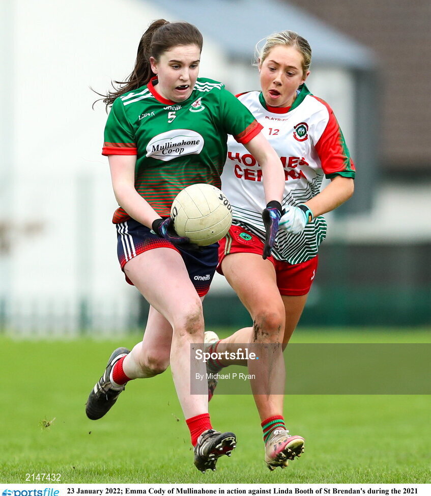 23 January 2022; Emma Cody of Mullinahone in action against Linda Booth of St Brendan's during the 2021 currentaccount.ie All-Ireland Ladies Junior Club Football Championship Semi-Final match between Mullinahone, Tipperary and St Brendan's, Galway at John Lockes GAA Club in Callan, Kilkenny. Photo by Michael P Ryan/Sportsfile