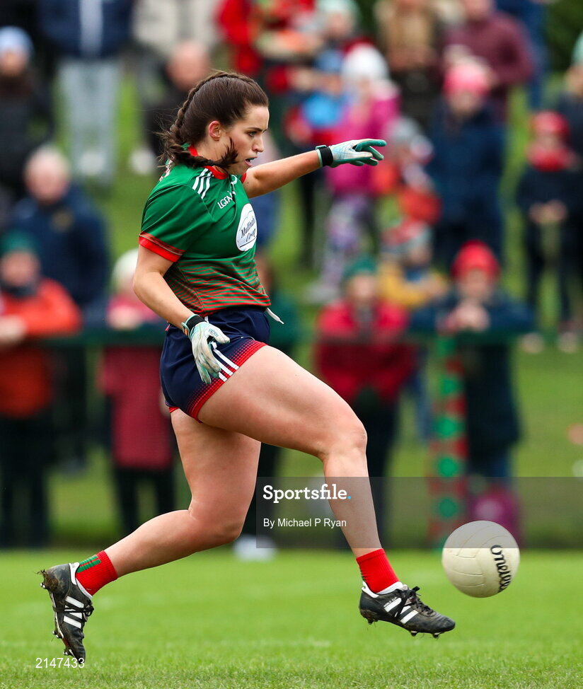 23 January 2022; Lorraine O'Shea of Mullinahone shoots to score her side's first goal during the 2021 currentaccount.ie All-Ireland Ladies Junior Club Football Championship Semi-Final match between Mullinahone, Tipperary and St Brendan's, Galway at John Lockes GAA Club in Callan, Kilkenny. Photo by Michael P Ryan/Sportsfile