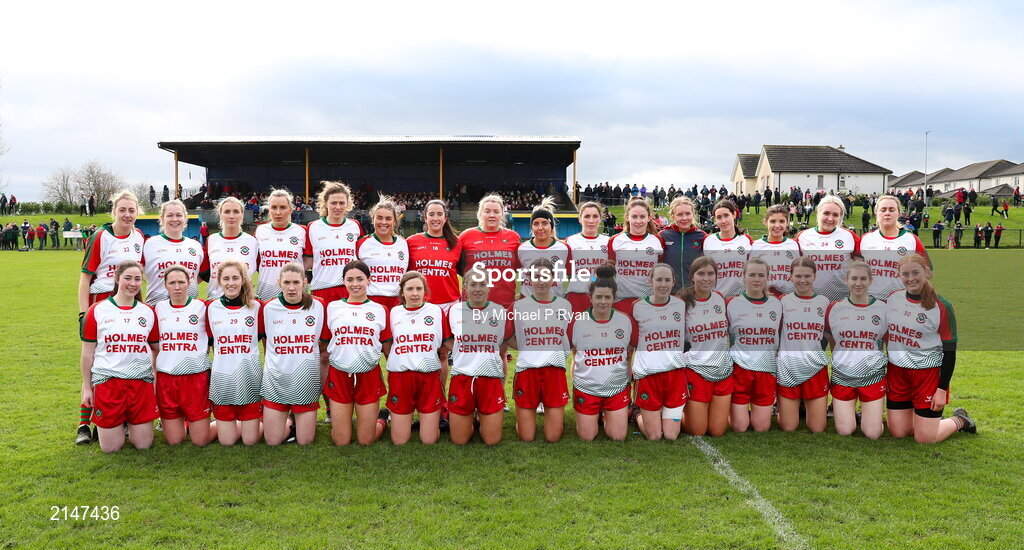 23 January 2022; St Brendan's players pose for a team photograph before the 2021 currentaccount.ie All-Ireland Ladies Junior Club Football Championship Semi-Final match between Mullinahone, Tipperary and St Brendan's, Galway at John Lockes GAA Club in Callan, Kilkenny. Photo by Michael P Ryan/Sportsfile