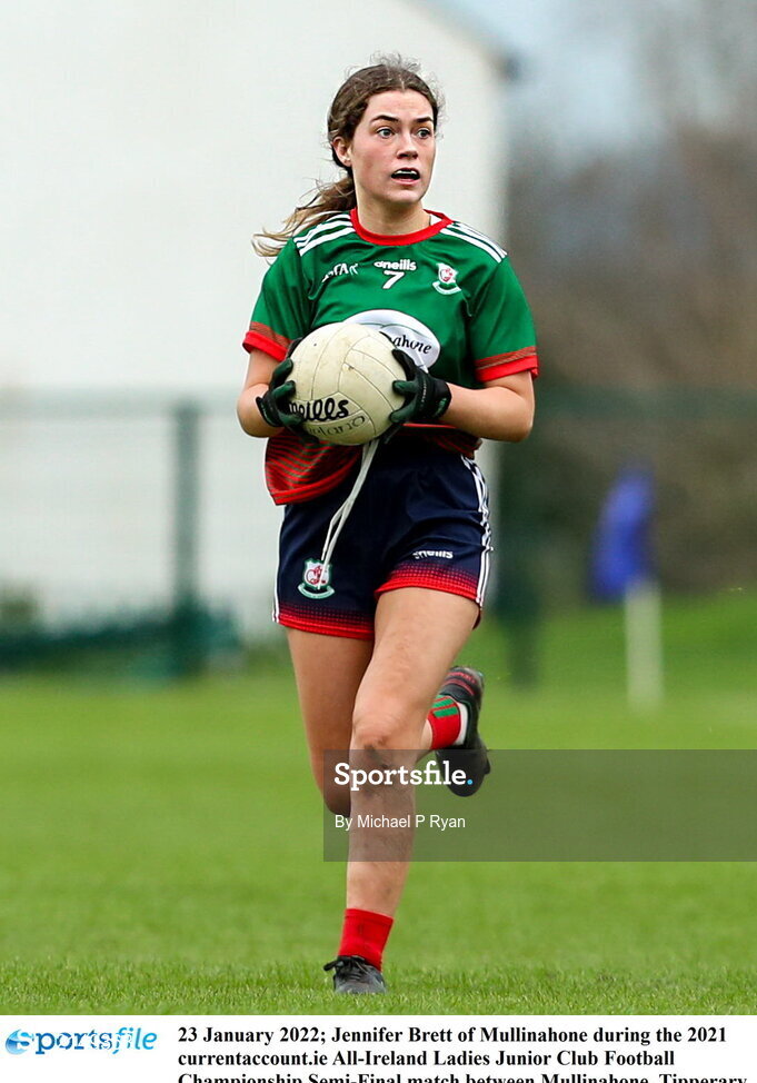 23 January 2022; Jennifer Brett of Mullinahone during the 2021 currentaccount.ie All-Ireland Ladies Junior Club Football Championship Semi-Final match between Mullinahone, Tipperary and St Brendan's, Galway at John Lockes GAA Club in Callan, Kilkenny. Photo by Michael P Ryan/Sportsfile