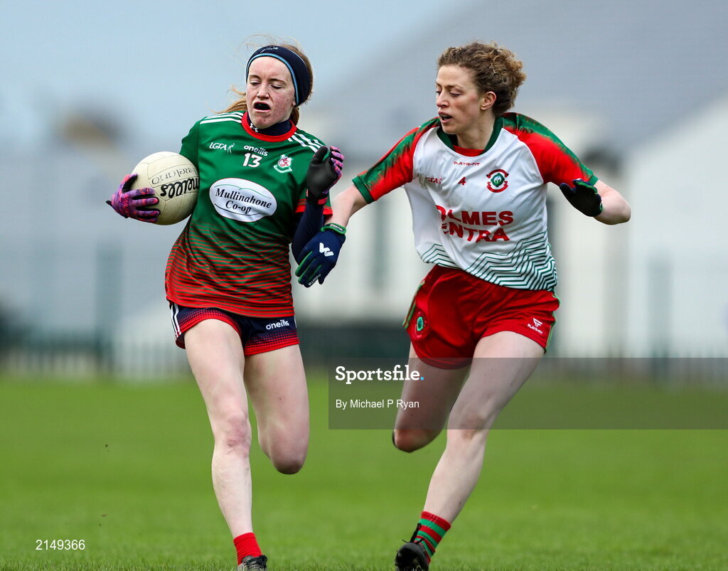 23 January 2022; Chloe Gunn of Mullinahone in action against Aoife McDonagh of St Brendan's during the 2021 currentaccount.ie All-Ireland Ladies Junior Club Football Championship Semi-Final match between Mullinahone, Tipperary and St Brendan's, Galway at John Lockes GAA Club in Callan, Kilkenny. Photo by Michael P Ryan/Sportsfile