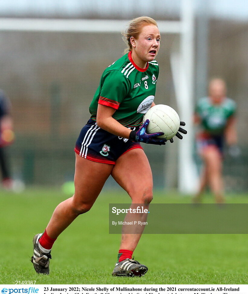 23 January 2022; Nicole Shelly of Mullinahone during the 2021 currentaccount.ie All-Ireland Ladies Junior Club Football Championship Semi-Final match between Mullinahone, Tipperary and St Brendan's, Galway at John Lockes GAA Club in Callan, Kilkenny. Photo by Michael P Ryan/Sportsfile
