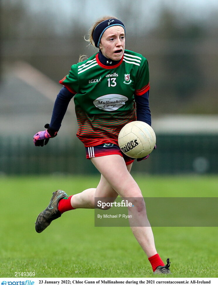 23 January 2022; Chloe Gunn of Mullinahone during the 2021 currentaccount.ie All-Ireland Ladies Junior Club Football Championship Semi-Final match between Mullinahone, Tipperary and St Brendan's, Galway at John Lockes GAA Club in Callan, Kilkenny. Photo by Michael P Ryan/Sportsfile
