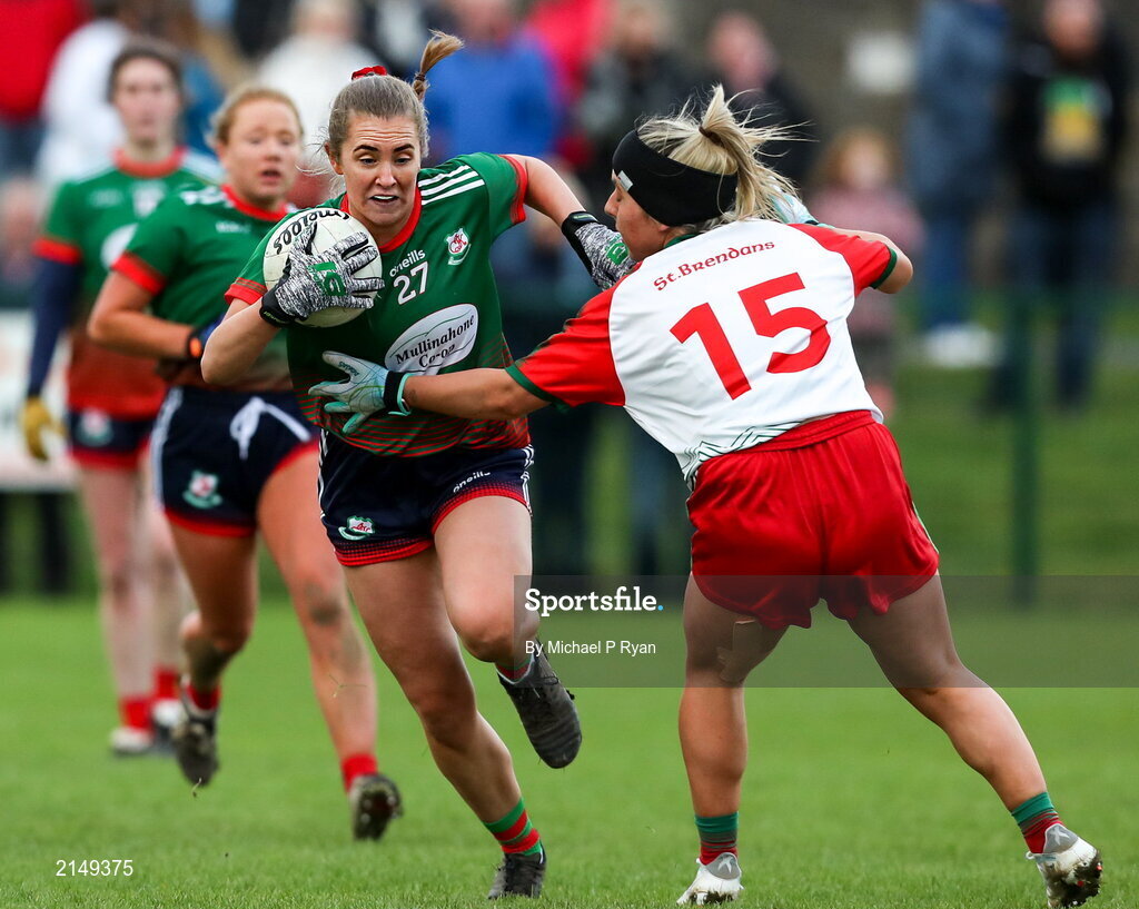 23 January 2022; Grainne Horan of Mullinahone in action against Becca Conway of St Brendan's during the 2021 currentaccount.ie All-Ireland Ladies Junior Club Football Championship Semi-Final match between Mullinahone, Tipperary and St Brendan's, Galway at John Lockes GAA Club in Callan, Kilkenny. Photo by Michael P Ryan/Sportsfile
