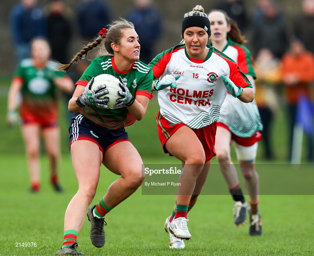 23 January 2022; Grainne Horan of Mullinahone in action against Becca Conway of St Brendan's during the 2021 currentaccount.ie All-Ireland Ladies Junior Club Football Championship Semi-Final match between Mullinahone, Tipperary and St Brendan's, Galway at John Lockes GAA Club in Callan, Kilkenny. Photo by Michael P Ryan/Sportsfile