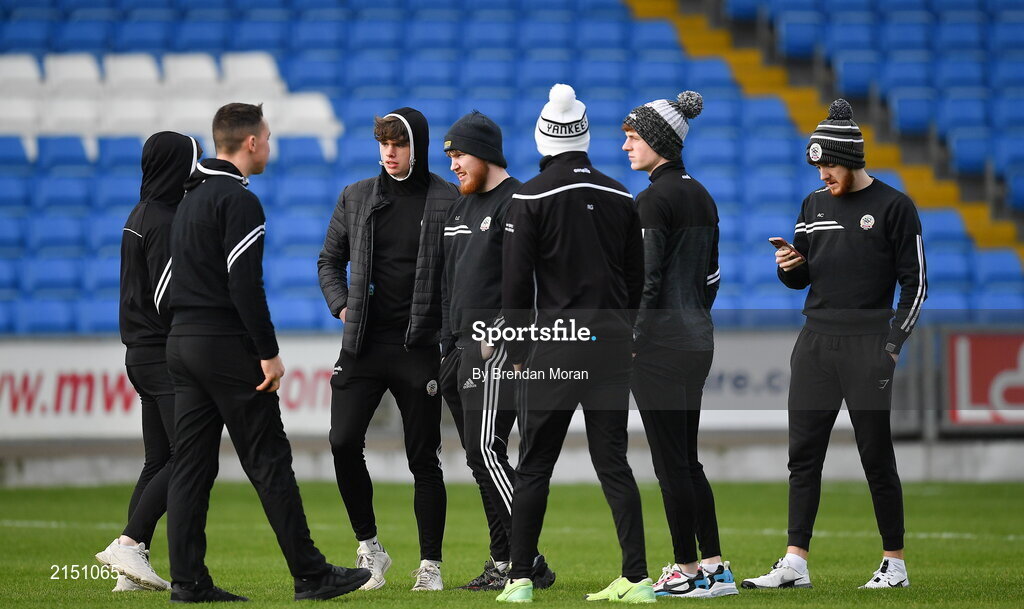 29 January 2022; Kilcoo players walk the pitch before the AIB GAA Football All-Ireland Senior Club Championship Semi-Final match between St Finbarr's, Cork, and Kilcoo, Down, at MW Hire O'Moore Park in Portlaoise, Laois. Photo by Brendan Moran/Sportsfile
