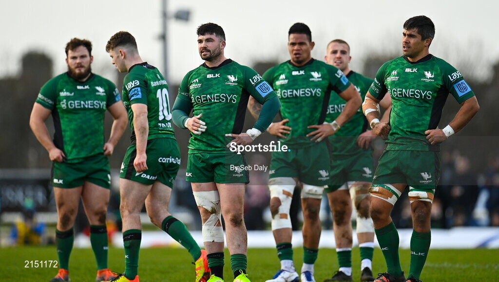 29 January 2022; Connacht players Sammy Arnold, centre, and Jarrad Butler, right, during the United Rugby Championship match between Connacht and Glasgow Warriors at the Sportsground in Galway. Photo by Seb Daly/Sportsfile