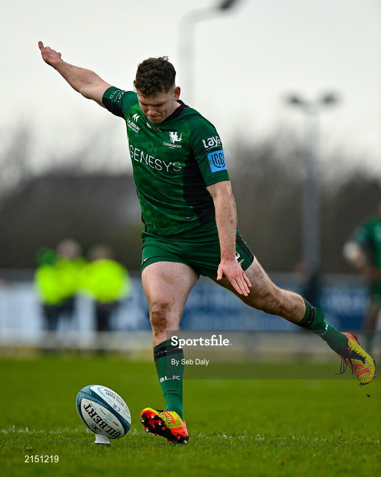 29 January 2022; Cathal Forde of Connacht kicks a conversion during the United Rugby Championship match between Connacht and Glasgow Warriors at the Sportsground in Galway. Photo by Seb Daly/Sportsfile