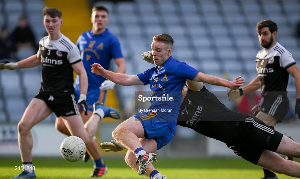 29 January 2022; Eoin McGreevey of St Finbarr's scores his side's first goal during the AIB GAA Football All-Ireland Senior Club Championship Semi-Final match between St Finbarr's, Cork, and Kilcoo, Down, at MW Hire O'Moore Park in Portlaoise, Laois. Photo by Brendan Moran/Sportsfile