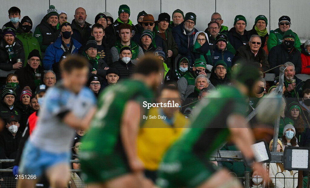 29 January 2022; Spectators watch the action during the United Rugby Championship match between Connacht and Glasgow Warriors at the Sportsground in Galway. Photo by Seb Daly/Sportsfile