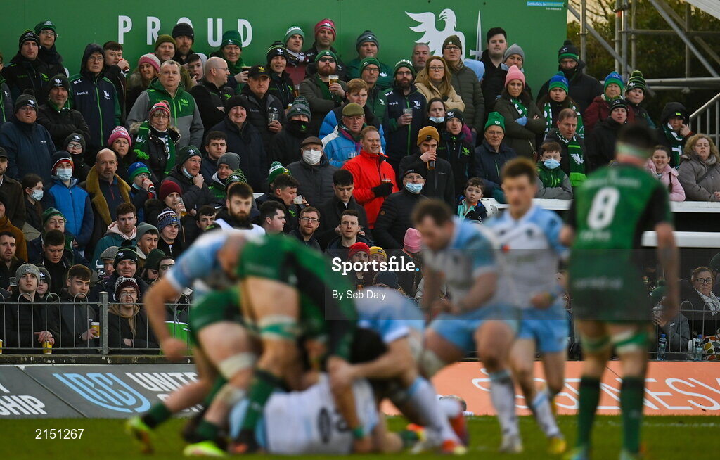 29 January 2022; Spectators watch the action during the United Rugby Championship match between Connacht and Glasgow Warriors at the Sportsground in Galway. Photo by Seb Daly/Sportsfile