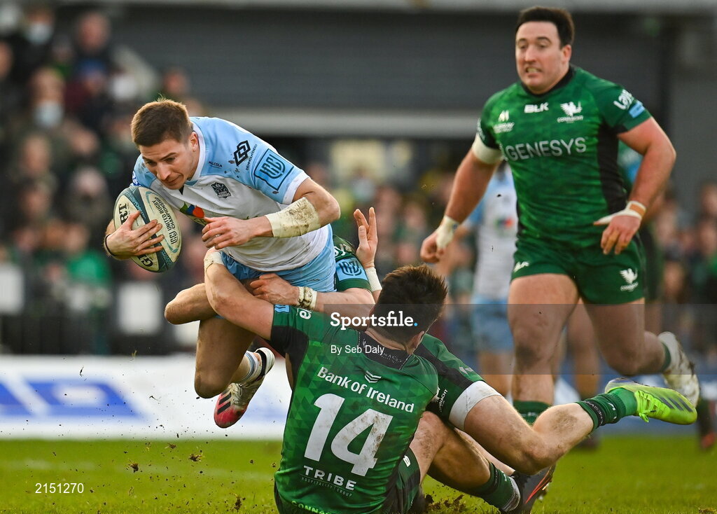 29 January 2022; Sebastian Cancelliere of Glasgow Warriors is tackled by Alex Wootton, 14, and Diarmuid Kilgallen of Connacht during the United Rugby Championship match between Connacht and Glasgow Warriors at the Sportsground in Galway. Photo by Seb Daly/Sportsfile
