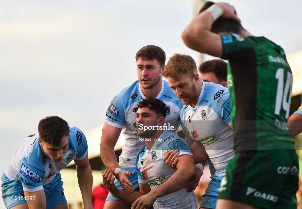 29 January 2022; Rufus McLean of Glasgow Warriors is congratulated by teammates after scoring their side's fourth try during the United Rugby Championship match between Connacht and Glasgow Warriors at the Sportsground in Galway. Photo by Seb Daly/Sportsfile