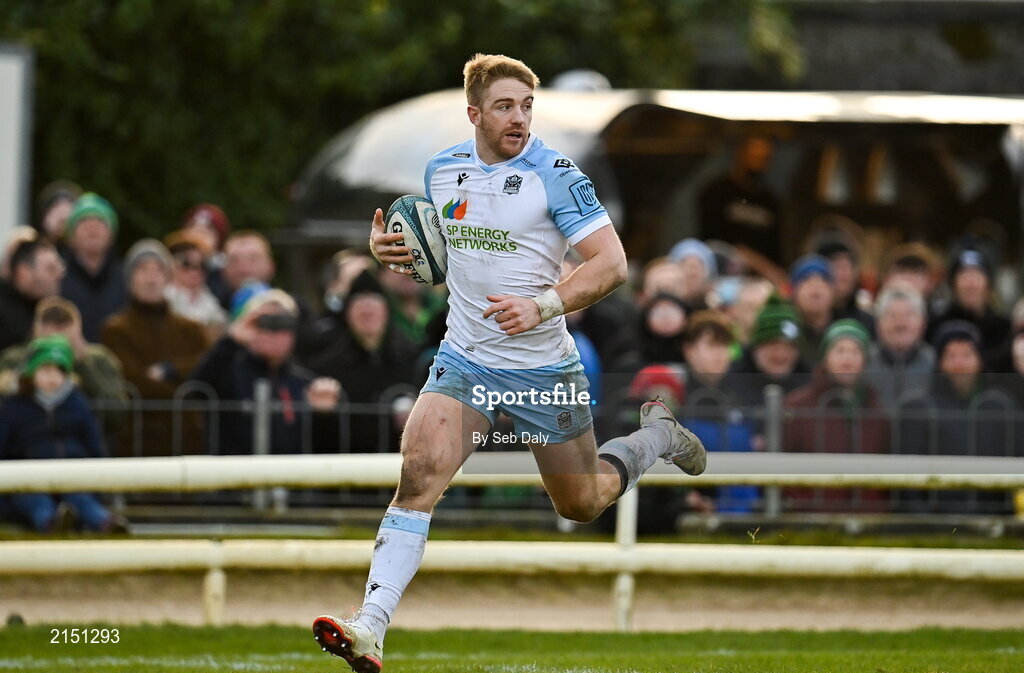 29 January 2022; Kyle Steyn of Glasgow Warriors on his way to scoring his side's fifth try during the United Rugby Championship match between Connacht and Glasgow Warriors at the Sportsground in Galway. Photo by Seb Daly/Sportsfile