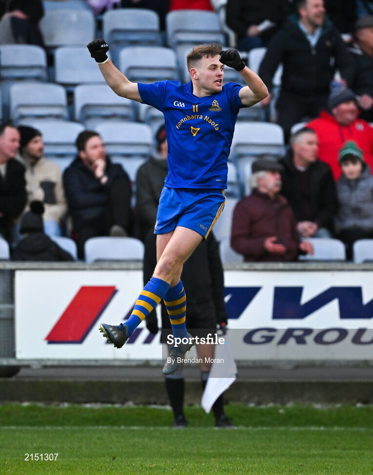 29 January 2022; Steven Sherlock of St Finbarr's celebrates after kicking the equalising score late in normal time during the AIB GAA Football All-Ireland Senior Club Championship Semi-Final match between St Finbarr's, Cork, and Kilcoo, Down, at MW Hire O'Moore Park in Portlaoise, Laois. Photo by Brendan Moran/Sportsfile