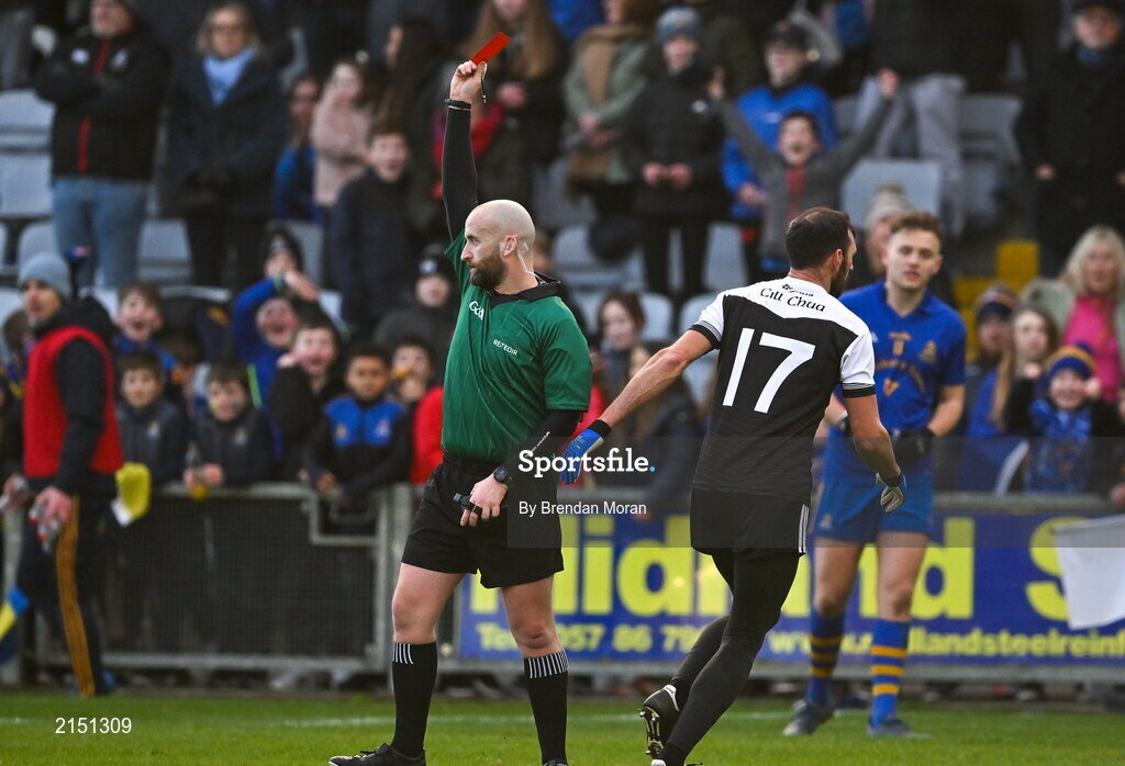 29 January 2022; Referee Brendan Cawley shows a red card to Aidan Branagan of Kilcoo during the AIB GAA Football All-Ireland Senior Club Championship Semi-Final match between St Finbarr's, Cork, and Kilcoo, Down, at MW Hire O'Moore Park in Portlaoise, Laois. Photo by Brendan Moran/Sportsfile