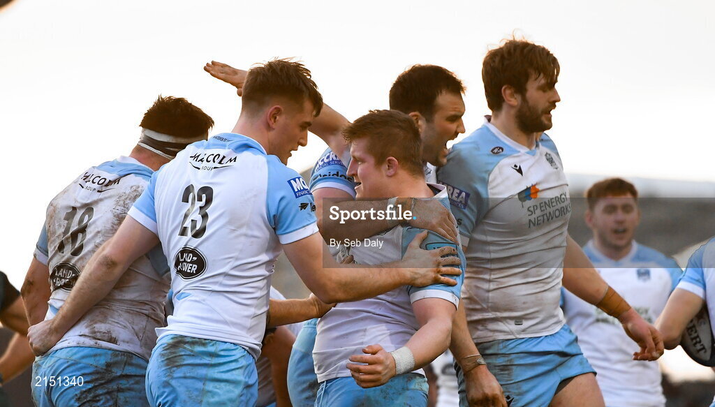29 January 2022; Johnny Matthews of Glasgow Warriors, centre, and teammates celebrates their side's sixth try during the United Rugby Championship match between Connacht and Glasgow Warriors at the Sportsground in Galway. Photo by Seb Daly/Sportsfile