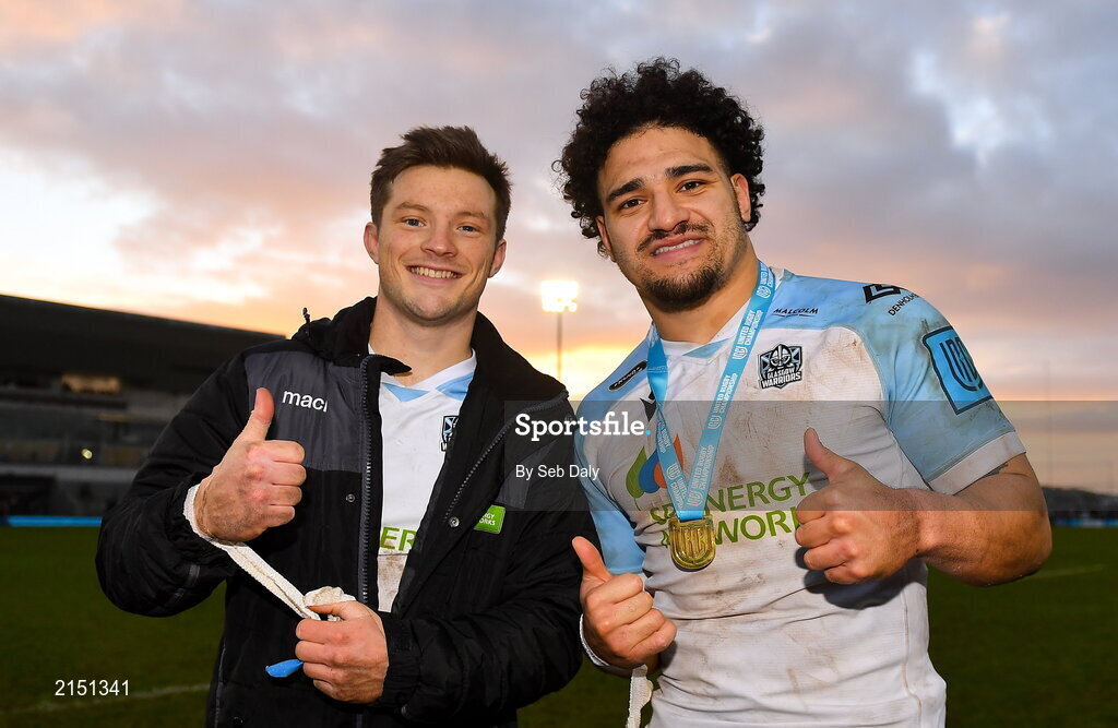 29 January 2022; George Horne, left, and Sione Tuipulotu of Glasgow Warriors after their side's victory in the United Rugby Championship match between Connacht and Glasgow Warriors at the Sportsground in Galway. Photo by Seb Daly/Sportsfile