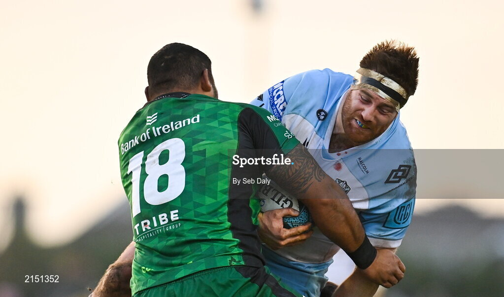 29 January 2022; Simon Berghan of Glasgow Warriors is tackled by Tietie Tuimauga of Connacht during the United Rugby Championship match between Connacht and Glasgow Warriors at the Sportsground in Galway. Photo by Seb Daly/Sportsfile
