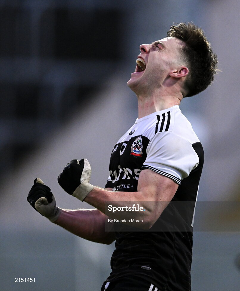 29 January 2022; Ceilum Docherty of Kilcoo celebrates at the final whistle of the AIB GAA Football All-Ireland Senior Club Championship Semi-Final match between St Finbarr's, Cork, and Kilcoo, Down, at MW Hire O'Moore Park in Portlaoise, Laois. Photo by Brendan Moran/Sportsfile