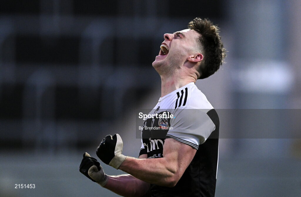 29 January 2022; Ceilum Docherty of Kilcoo celebrates at the final whistle of the AIB GAA Football All-Ireland Senior Club Championship Semi-Final match between St Finbarr's, Cork, and Kilcoo, Down, at MW Hire O'Moore Park in Portlaoise, Laois. Photo by Brendan Moran/Sportsfile