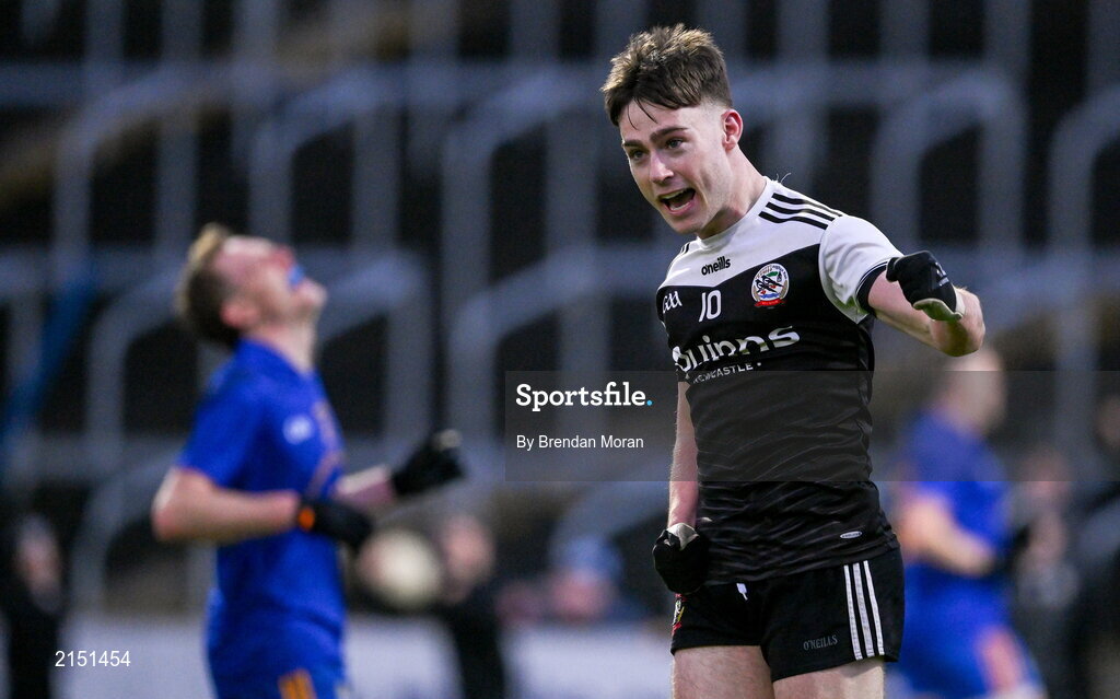 29 January 2022; Ceilum Docherty of Kilcoo celebrates at the final whistle of the AIB GAA Football All-Ireland Senior Club Championship Semi-Final match between St Finbarr's, Cork, and Kilcoo, Down, at MW Hire O'Moore Park in Portlaoise, Laois. Photo by Brendan Moran/Sportsfile