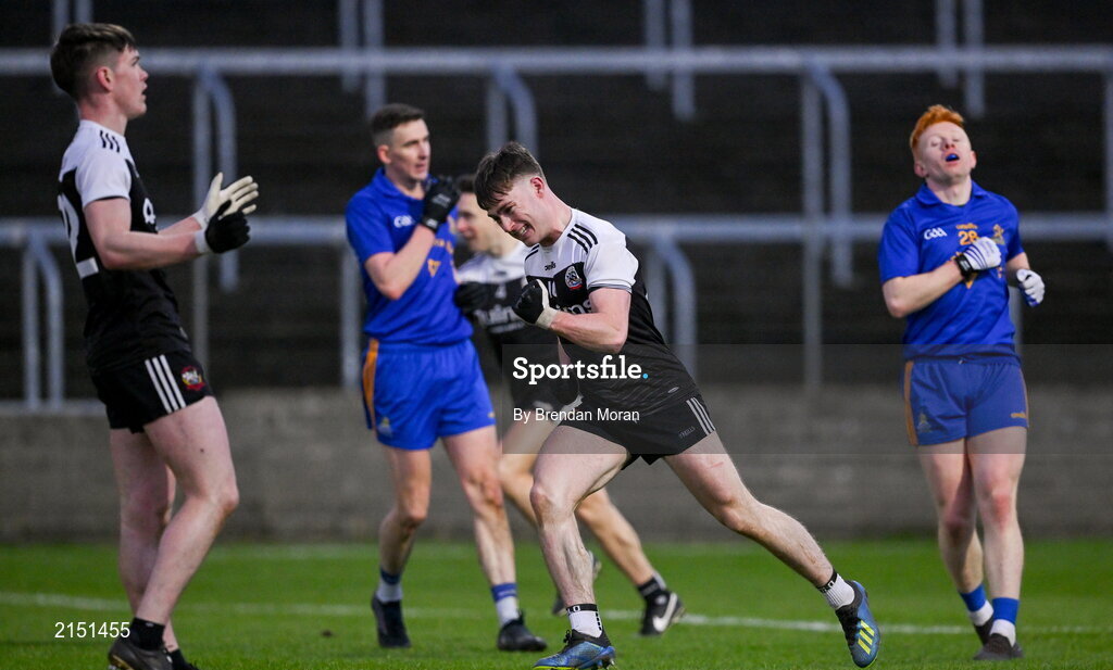 29 January 2022; Ceilum Docherty of Kilcoo celebrates kicking a score during extra time in the AIB GAA Football All-Ireland Senior Club Championship Semi-Final match between St Finbarr's, Cork, and Kilcoo, Down, at MW Hire O'Moore Park in Portlaoise, Laois. Photo by Brendan Moran/Sportsfile