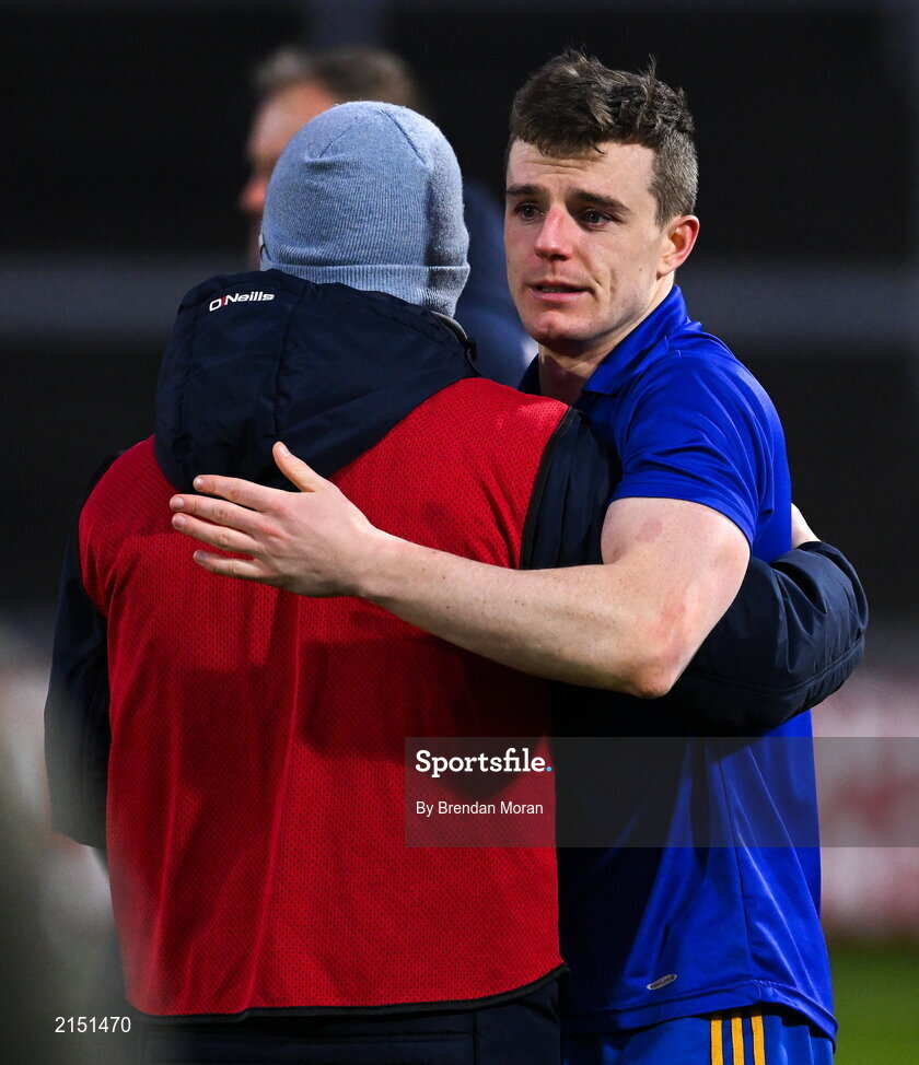 29 January 2022; Alan O'Connor of St Finbarr's is consoled after the AIB GAA Football All-Ireland Senior Club Championship Semi-Final match between St Finbarr's, Cork, and Kilcoo, Down, at MW Hire O'Moore Park in Portlaoise, Laois. Photo by Brendan Moran/Sportsfile