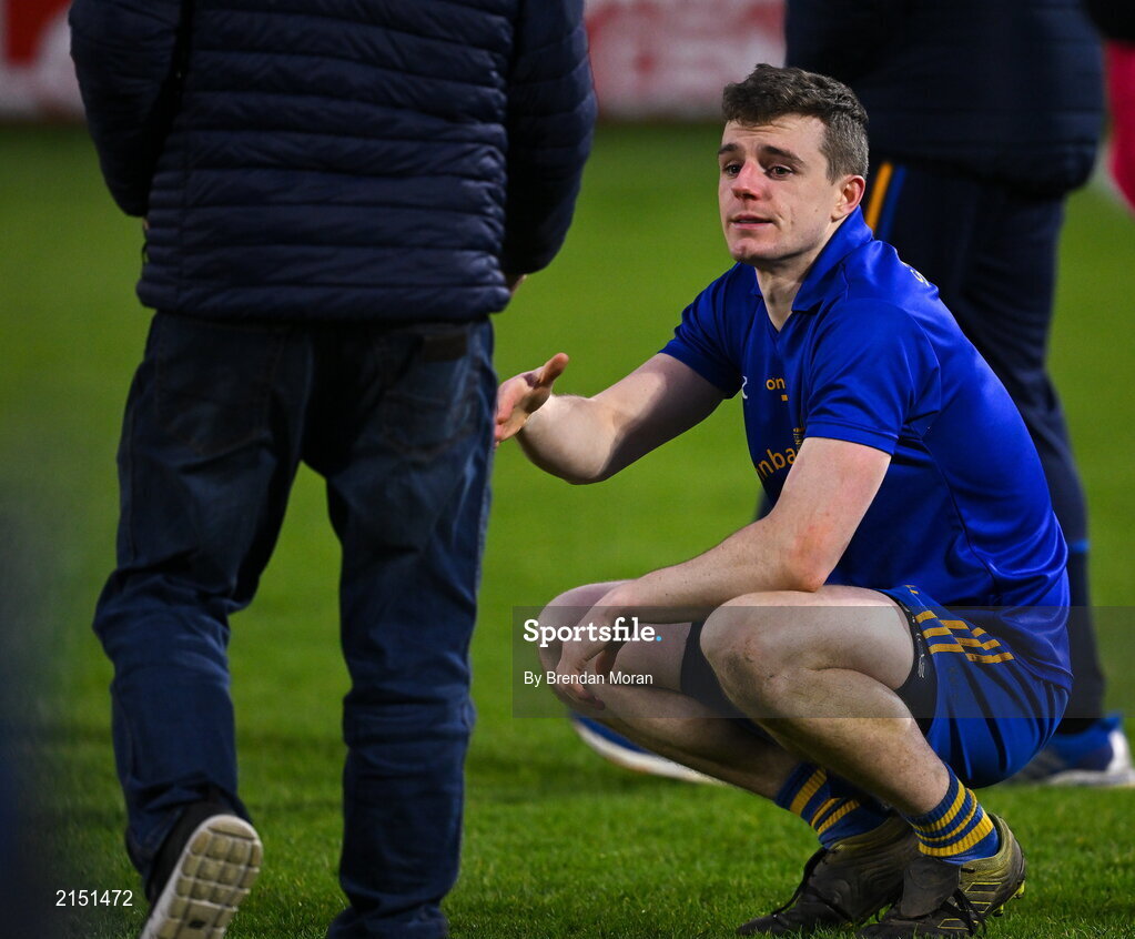 29 January 2022; Alan O'Connor of St Finbarr's is consoled after the AIB GAA Football All-Ireland Senior Club Championship Semi-Final match between St Finbarr's, Cork, and Kilcoo, Down, at MW Hire O'Moore Park in Portlaoise, Laois. Photo by Brendan Moran/Sportsfile