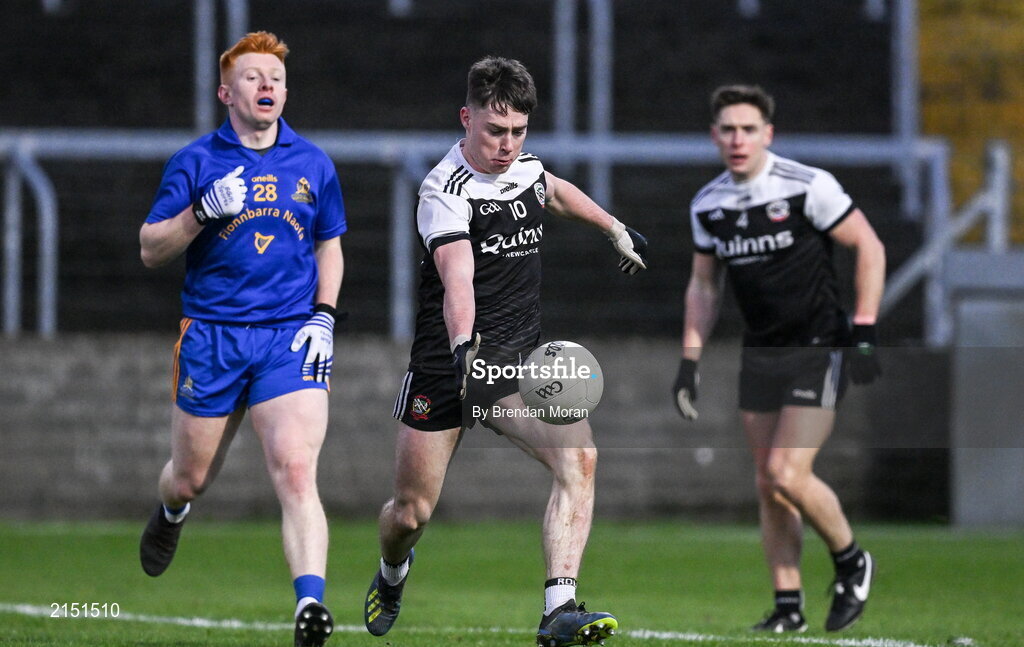 29 January 2022; Ceilum Docherty of Kilcoo kicks a point during the AIB GAA Football All-Ireland Senior Club Championship Semi-Final match between St Finbarr's, Cork, and Kilcoo, Down, at MW Hire O'Moore Park in Portlaoise, Laois. Photo by Brendan Moran/Sportsfile