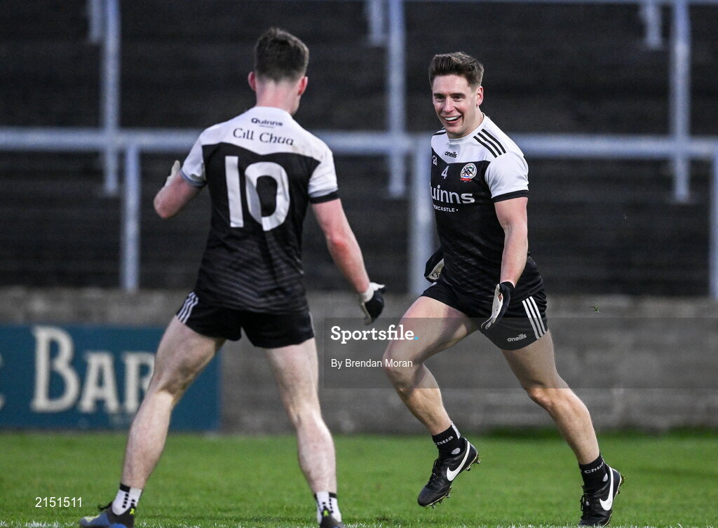 29 January 2022; Aaron Branagan, right and Ceilum Docherty of Kilcoo celebrate a late score during extra time in the AIB GAA Football All-Ireland Senior Club Championship Semi-Final match between St Finbarr's, Cork, and Kilcoo, Down, at MW Hire O'Moore Park in Portlaoise, Laois. Photo by Brendan Moran/Sportsfile