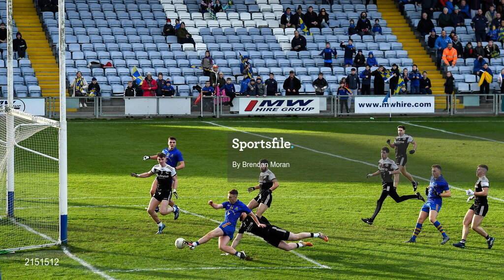 29 January 2022; Eoin McGreevey of St Finbarr's scores his side's first goal during the AIB GAA Football All-Ireland Senior Club Championship Semi-Final match between St Finbarr's, Cork, and Kilcoo, Down, at MW Hire O'Moore Park in Portlaoise, Laois. Photo by Brendan Moran/Sportsfile