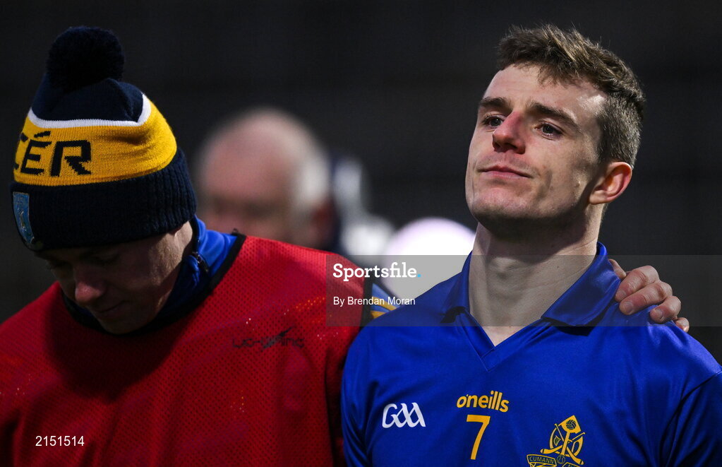 29 January 2022; Alan O'Connor of St Finbarr's, right, is consoled after the AIB GAA Football All-Ireland Senior Club Championship Semi-Final match between St Finbarr's, Cork, and Kilcoo, Down, at MW Hire O'Moore Park in Portlaoise, Laois. Photo by Brendan Moran/Sportsfile