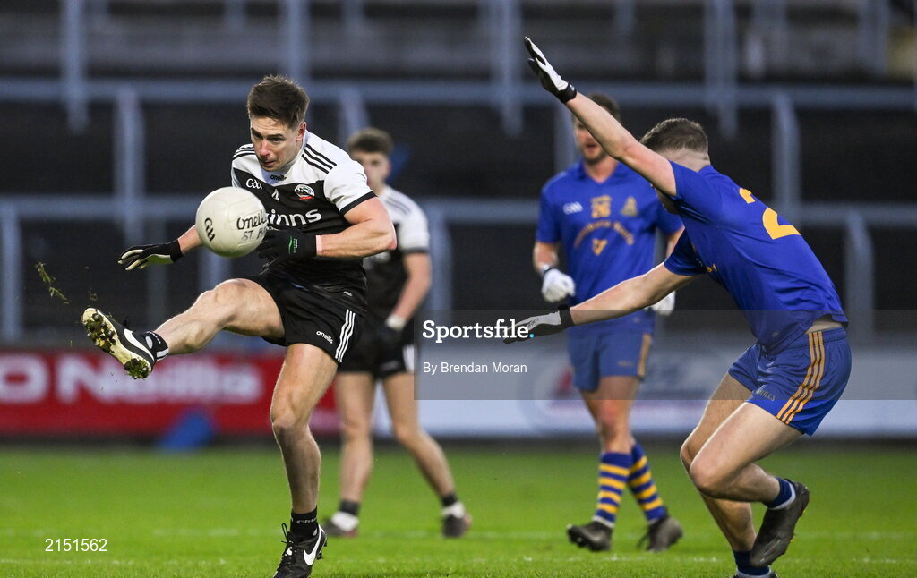 29 January 2022; Aaron Branagan of Kilcoo in action against Luke Hannigan of St Finbarr's during the AIB GAA Football All-Ireland Senior Club Championship Semi-Final match between St Finbarr's, Cork, and Kilcoo, Down, at MW Hire O'Moore Park in Portlaoise, Laois. Photo by Brendan Moran/Sportsfile
