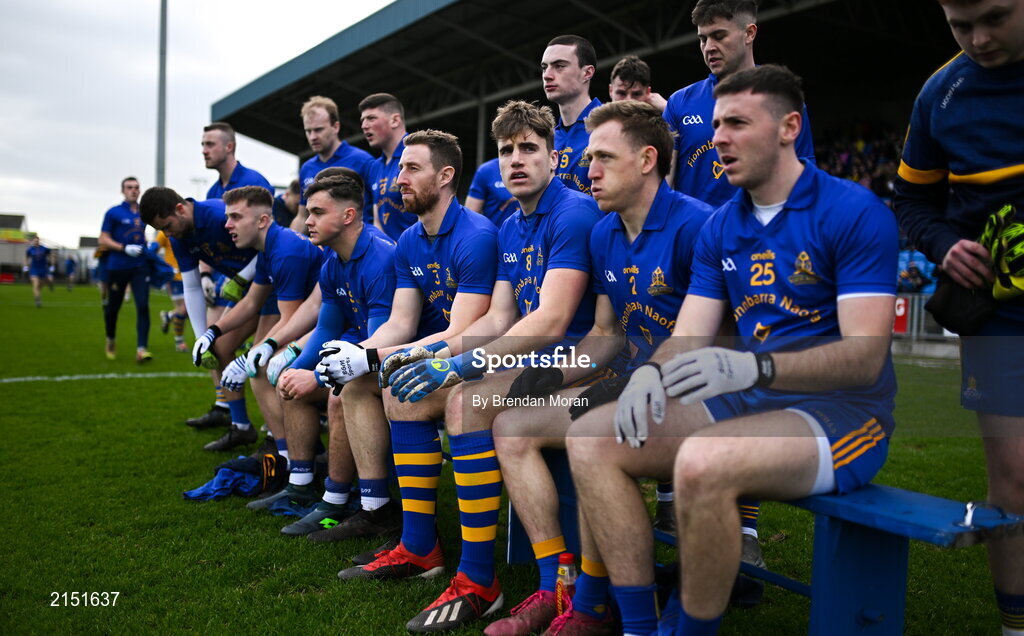 29 January 2022; St Finbarr's captain Ian Maguire lines up with his teammates for the team photograph before the AIB GAA Football All-Ireland Senior Club Championship Semi-Final match between St Finbarr's, Cork, and Kilcoo, Down, at MW Hire O'Moore Park in Portlaoise, Laois. Photo by Brendan Moran/Sportsfile
