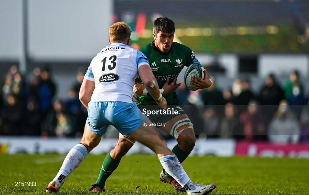29 January 2022; Jarrad Butler of Connacht in action against Kyle Steyn of Glasgow Warriors during the United Rugby Championship match between Connacht and Glasgow Warriors at the Sportsground in Galway. Photo by Seb Daly/Sportsfile