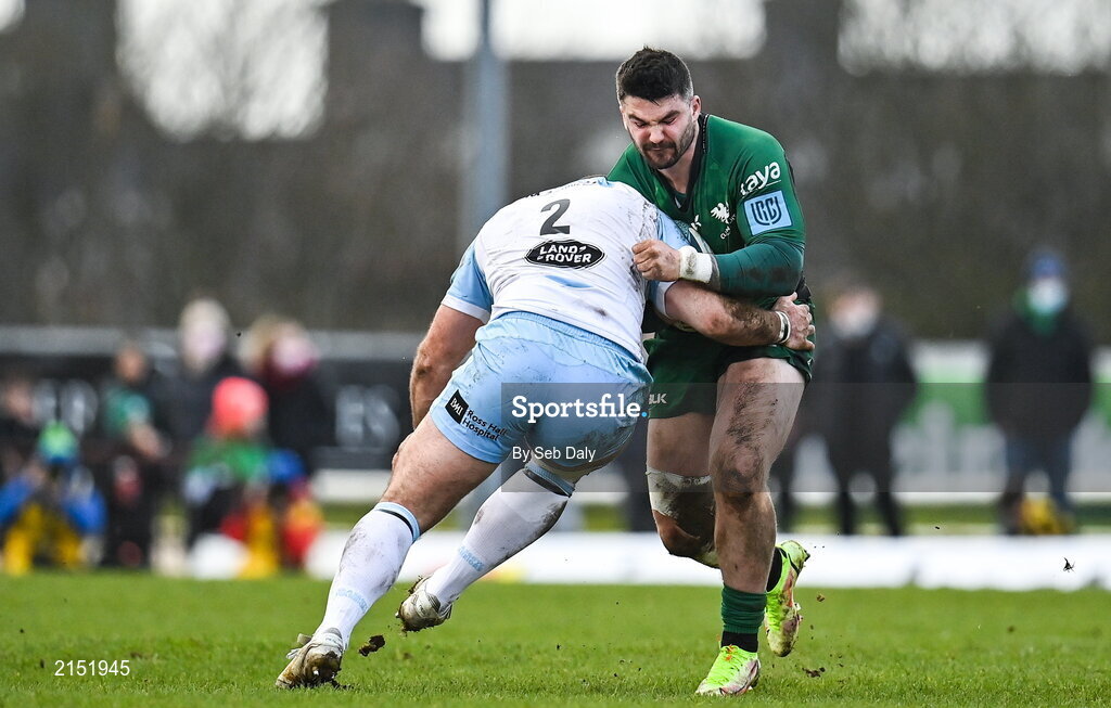29 January 2022; Sammy Arnold of Connacht is tackled by Fraser Brown of Glasgow Warriors during the United Rugby Championship match between Connacht and Glasgow Warriors at the Sportsground in Galway. Photo by Seb Daly/Sportsfile