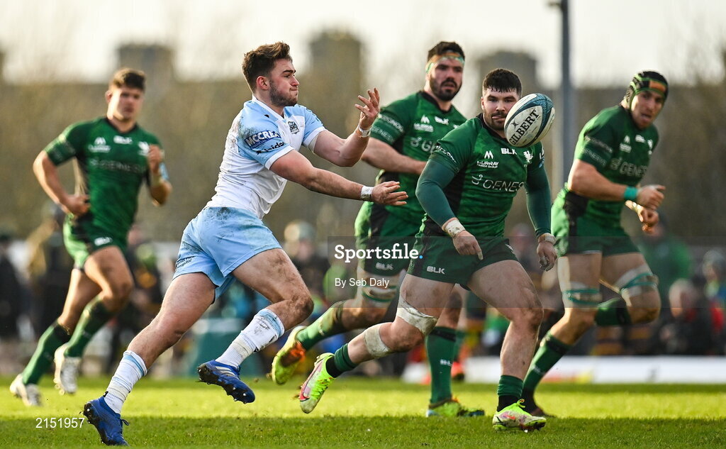 29 January 2022; Ollie Smith of Glasgow Warriors during the United Rugby Championship match between Connacht and Glasgow Warriors at the Sportsground in Galway. Photo by Seb Daly/Sportsfile