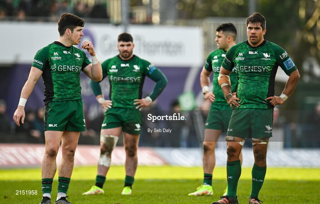 29 January 2022; Connacht captain Jarrad Butler, right, and teammate Alex Wootton, left, during the United Rugby Championship match between Connacht and Glasgow Warriors at the Sportsground in Galway. Photo by Seb Daly/Sportsfile